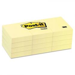 3M Post-It Original Pads in Canary Yellow, 1-3/8in x 1-7/8in, 100-Sheet, 12/Pack