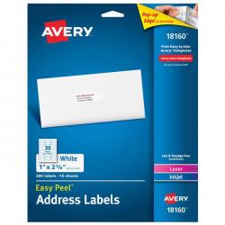 Avery White Easy Peel Address Labels with Sure Feed Laser/Inkjet  1in x 2-5/8in labels  8-1/2in x 11in Sheets  Matte White  Permanent  30 Labels/Sheet  10 Sheets/Pack - 18160