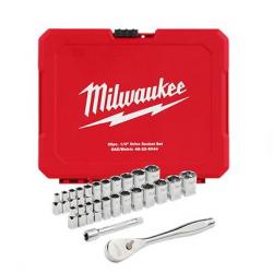 Milwaukee 25 Piece 1/4in Drive Metric/Sae Rachet and Socket Set Four Flat Sides 48-22-9044