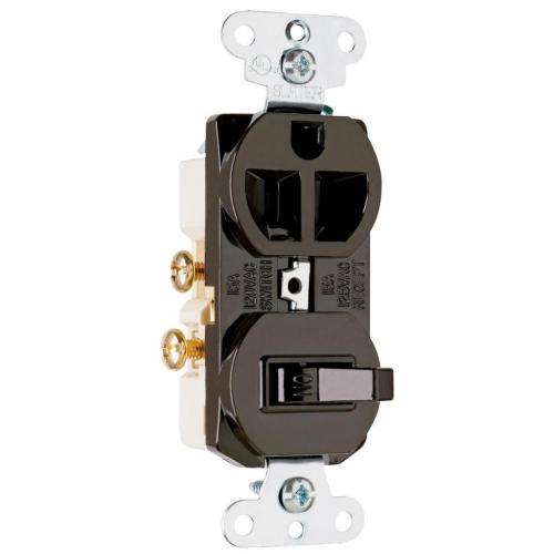 Pass and Seymour 15a Combination Toggle Switch/Receptacle Single Pole 120v/125v Brown 691 *