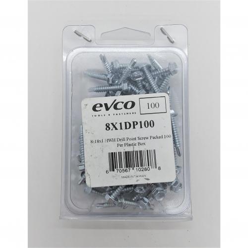 #8 x 1in Hex Washer Head Self-Drilling #2 TEKS Drill Point Screw - 100/Box  (Replaces Evco 8x1DP100)