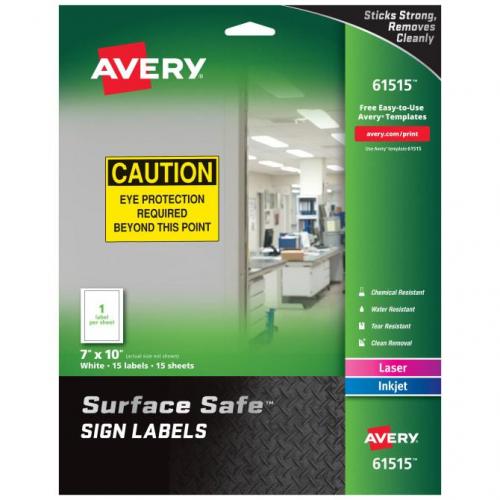 Avery 61515 Surface Safe Sign Labels 1 Label/Page 15 Pages/Pack 7in x 10in