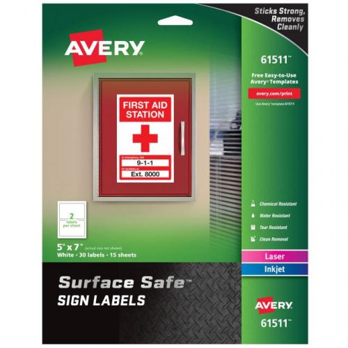 Avery 61511 Surface Safe Sign Label 2 Labels/Page Safety 15 Pages/Pack 5in x 7 in