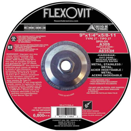 Flexovit 9in x 1/4in x 5/8in-11 A30S Grinding Wheel A8353H T27