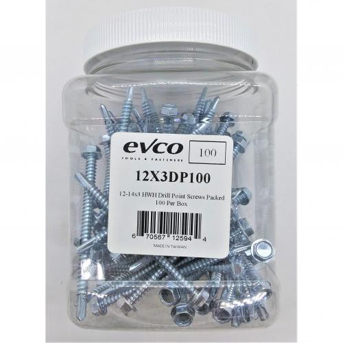 #12 x 3in Hex Washer Head Self-Drilling #3 TEKS Drill Point Screw - 50/Box (Replaces Evco 12x3DP100)