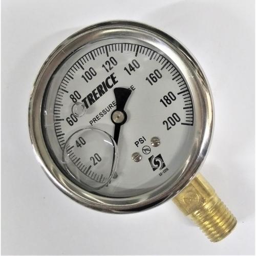 Trerice 0 - 200psi 2-1/2in Liquid Filled Gauge with 1/4in Lower Mount Stainless Steel Case and Brass Internals D82LFB2502LA200 (Replaces D82LFB2502LA130)