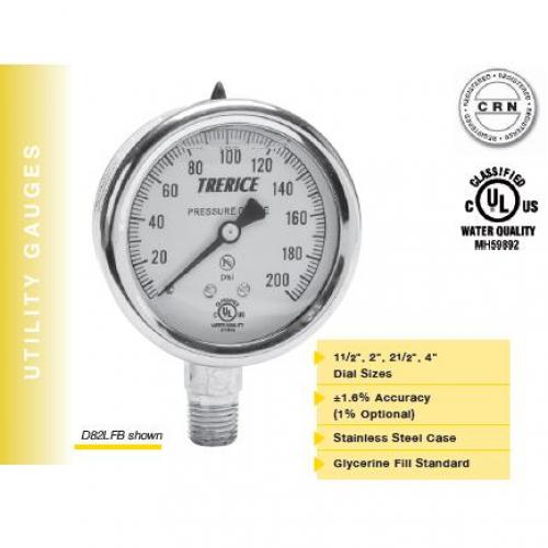Trerice 0 - 60psi 2-1/2in Liquid Filled Gauge with 1/4in Center Back Mount Stainless Steel Case and Stainless Steel Internals D83LFSS2502BA60 (Replaces D83LFSS2502BA100)