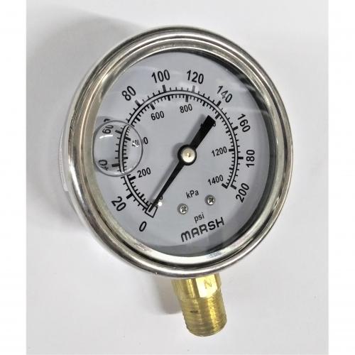 Marsh 0 - 200psi 2-1/2in Liquid Filled Gauge with 1/4in Lower Mount Stainless Steel Case with Brass Internals J7654P