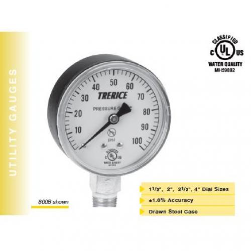 Trerice 0 - 160psi 2-1/2in Dry Gauge with 1/4in Lower Mount Steel Case and Brass Internals 800B2502LA160 (Replaces 800B2502LA120 and J4652)