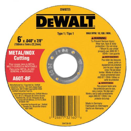 Dewalt Type 1 Thin Metal Cutting Wheel HP 6in x 0.40 x 7/8in 10,100rpm 25/Box 115-DW5725