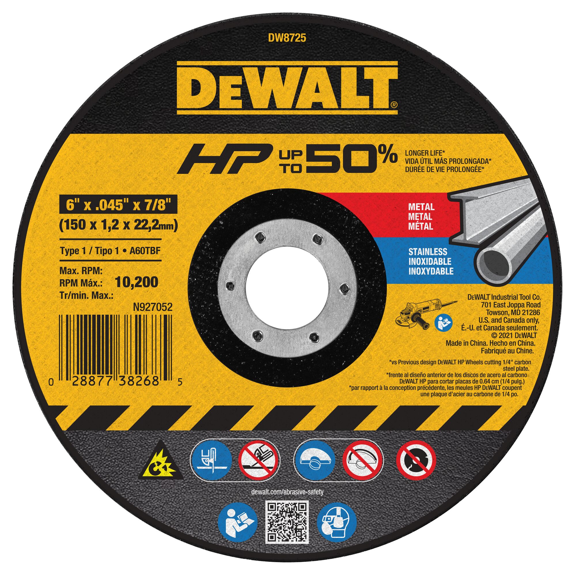 Dewalt Type 1 Thin Metal Cutting Wheel HP 6in x 0.40 x 7/8in 10,100rpm  25/Box 115-DW5725 - A. Louis Supply