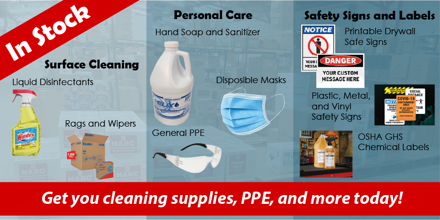 Cleaning product and safety labels and signage, available at A. Louis Supply